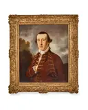 Tilly Kettle, Portrait of a gentleman, half-length, in a rust coat and waistcoat, with gold frogging, before an open landscape, oil on canvas
