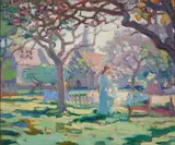 Joseph-Paul-Louis Bergès, Lady in a Garden, oil on board