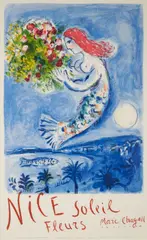 Nice, Soleil, Fleurs by Marc Chagall, 1962, Color lithograph on paper; Éditions Commissariat général au tourisme Français, Paris, sold Oct 2024