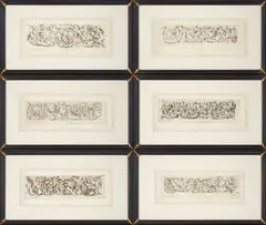 Odoardo Fialetti, Six Framed Engravings of Decorative Rinceaux, identified within the plates (lower left and lower right); inscribed in pencil outside the plate marks (lower right)