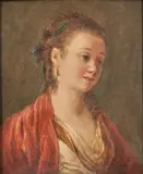 Jean-Baptiste Le Prince, Woman in a Red Shawl with Blue Hair Ribbon, oil on panel