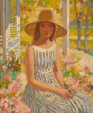 Enzo Russo, Lady Seated in a Garden, oil on masonite