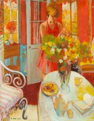 Flower Arranging by Enzo Russo, oil on Masonite, offered Oct 2024