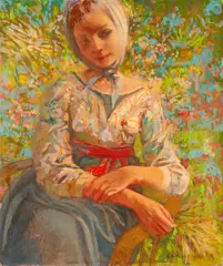 Seated Girl Holding a Stalk of Grass by Enzo Russo, oil on Masonite, offered Oct 2024