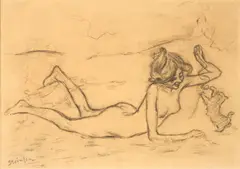 Théophile Steinlen, Nude Playing with a Kitten, charcoal on paper