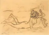 Théophile Steinlen, Nude Playing with a Kitten, charcoal on paper