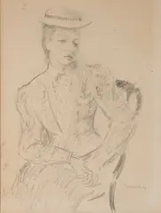 Kostia Terechkovitch, A Seated Girl in a Hat, pencil on paper