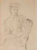 Kostia Terechkovitch, A Seated Girl in a Hat, pencil on paper