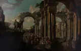 Giovanni Paolo Panini, A capriccio of classical ruins with soldiers at a pool, oil on canvas