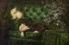 Carl Kahler, A Tuxedo cat and a white kitten on a green sofa, oil on canvas
