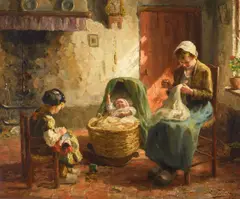 Evert Pieters, Interior scene with women sewing, oil on canvas