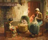 Evert Pieters, Interior scene with women sewing, oil on canvas