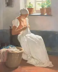 Firmin Baes, A woman sewing, pastel on board