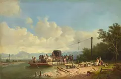 Heinrich Bürkel, A landscape with figures on a river ferry, oil on canvas