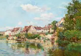 Edmond Marie Petitjean, Vue d'un village au bord de la rivière, oil on canvas