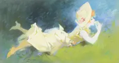 Jules Chéret, La source, femme en jaune, etendue, pastel on canvas
