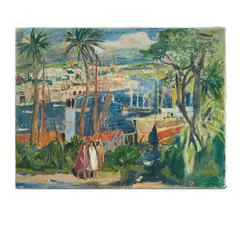 Rudolf Hellwag, A tropical village by the water, oil on canvas