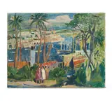 Rudolf Hellwag, A tropical village by the water, oil on canvas