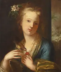 Jacopo Amigoni, A girl feeding a cherry to her pet bird, oil on canvas