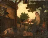 George Morland, Self portrait of the artist with his dog, seated at a table outside the Bell Inn, oil on lined canvas