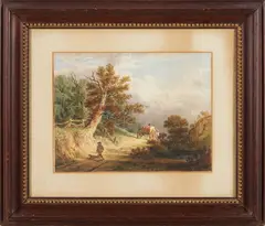 William Rickarby Miller, From Nature, near Newcastle, England Depicting rural road with horse drawn cart at ridge, boy and dog in foreground, matted and framed with label on reverse., Watercolor on paper