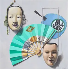 Martin Battersby, Still life with Chinese masks and fans, Oil on board