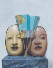 Martin Battersby, Still life with Japanese masks and fans, Gouache on paper