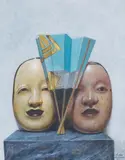 Martin Battersby, Still life with Japanese masks and fans, Gouache on paper