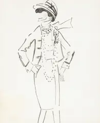 Cecil Beaton, A study of a costume design for Katharine Hepburn as Gabrielle Chanel for the 1969 Broadway musical Coco, Ink wash with watercolour