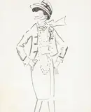 Cecil Beaton, A study of a costume design for Katharine Hepburn as Gabrielle Chanel for the 1969 Broadway musical Coco, Ink wash with watercolour