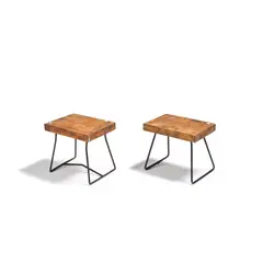 Paire de petits tabourets, Assise en bois brut, armature en tiges métalliques