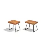 Paire de petits tabourets, Assise en bois brut, armature en tiges métalliques