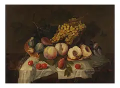 Theodor van Aenvack, Nature morte aux fruits de fin d'été, posés sur une nappe à la dentelle, Oil on canvas
