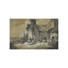 La halte des comédiens dans la ferme by Nicolas-Antoine Taunay, pen and brown ink, grey wash, heightened with white on paper, sold Nov 2024