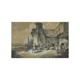 Nicolas-Antoine Taunay, La halte des comédiens dans la ferme, pen and brown ink, grey wash, heightened with white on paper