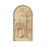 Ecole française, Etude de Fontaine avec personnages et chien se désaltérant, pen and brown ink, brown wash on paper, shaped top
