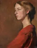 A Seated Woman in Red by American School, oil on canvas, sold Dec 2024