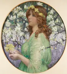 European School, Portrait of a Girl Amid Cherry Blossoms, oil on canvas