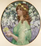 European School, Portrait of a Girl Amid Cherry Blossoms