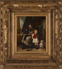 A Grandmother and Child with a Dog in the Sitting Room by French School, 19th century, oil on canvas, sold Dec 2024