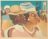 Gossip in the Sanctuary by Varnette P. Honeywood, 1982, Offset lithograph on paper; titled and signed '...© Varnette P. Honeywood, 1982' in pencil along the lower margin; frame, sold Dec 2024