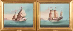 Chinese School, A Pair of Paintings of Chinese Junks at Sea, Unsigned; indistinctly inscribed in pencil on the reverse of the image of the two-masted ship