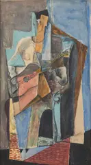 European School, Guitar Player, mixed media with gouache, pencil, resist, and watercolor on wove paper