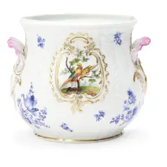 Porcelain Cache Pot by Meissen, gilded and polychrome enameled with shell handles and polychrome enameled cartouches of birds to either side, crossed sw, offered Oct 2024