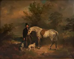 John Ferneley, Portrait of Lord Craven with his Horse and Two Hunting Dogs, oil on canvas