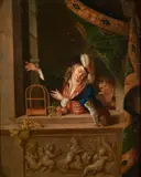 Gerrit Dou, Two Youths with Animals in a Draped Niche, oil on panel