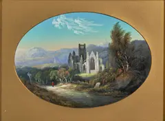 George Lambert, A Pair of British Italianate Landscapes: Tintern Abbey, Monmouthshire and Melrose Abbey, Roxburghshire, gouache on paper, in an oval mat