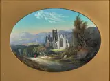 George Lambert, A Pair of British Italianate Landscapes: Tintern Abbey, Monmouthshire and Melrose Abbey, Roxburghshire, gouache on paper, in an oval mat