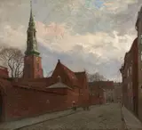 The Spire of Saint Nicholas, Copenhagen by Carlo Christoffe Hornung-Jensen, oil on canvas, sold Oct 2024
