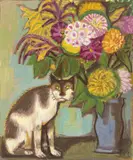 Otto Dix, Katze und Blumen (in Vase), 1955, Mischtechnik auf Hartfaser